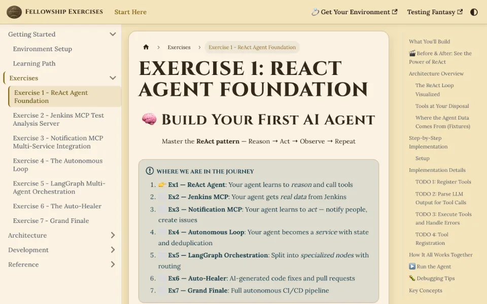 The One Agent to Watch Them All workshop docs, open on Exercise 1: the seven exercises listed on the left and the guide on the right
