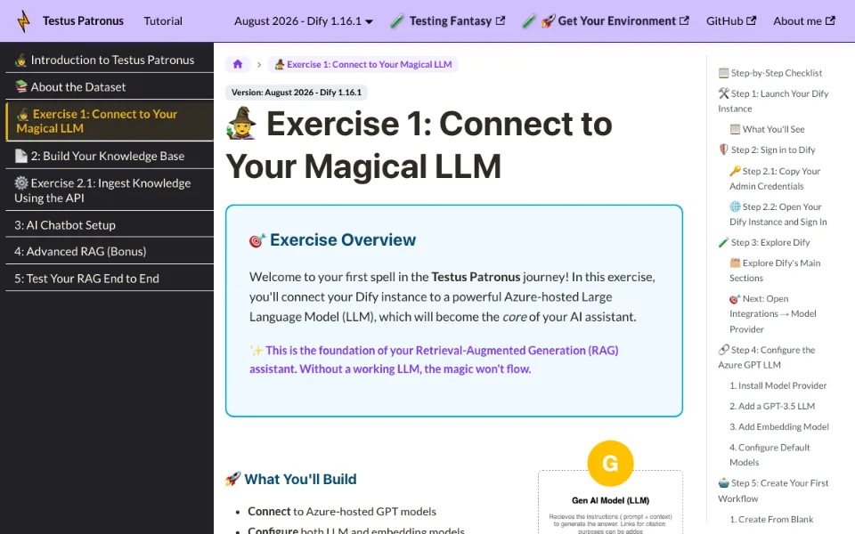 The Testus Patronus workshop docs, open on Exercise 1: the list of exercises on the left and the step-by-step guide on the right